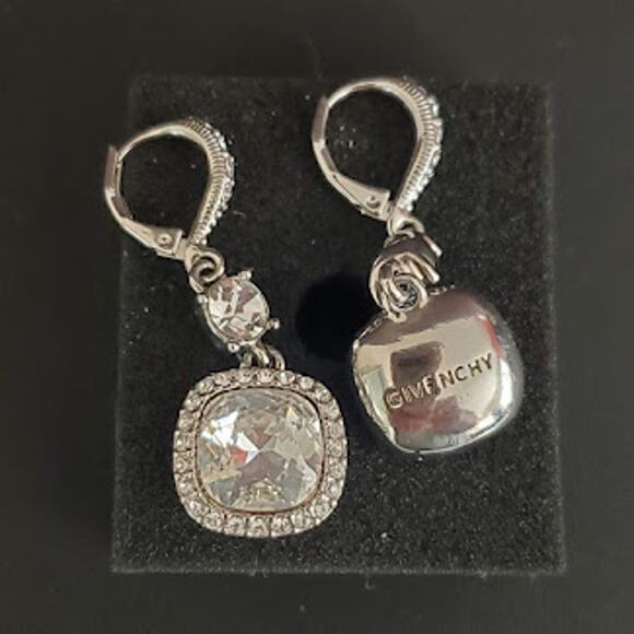 Givenchy Crystal Cushion Stone Drop Earrings Lever Back Silver Tone Halo - Picture 5 of 5